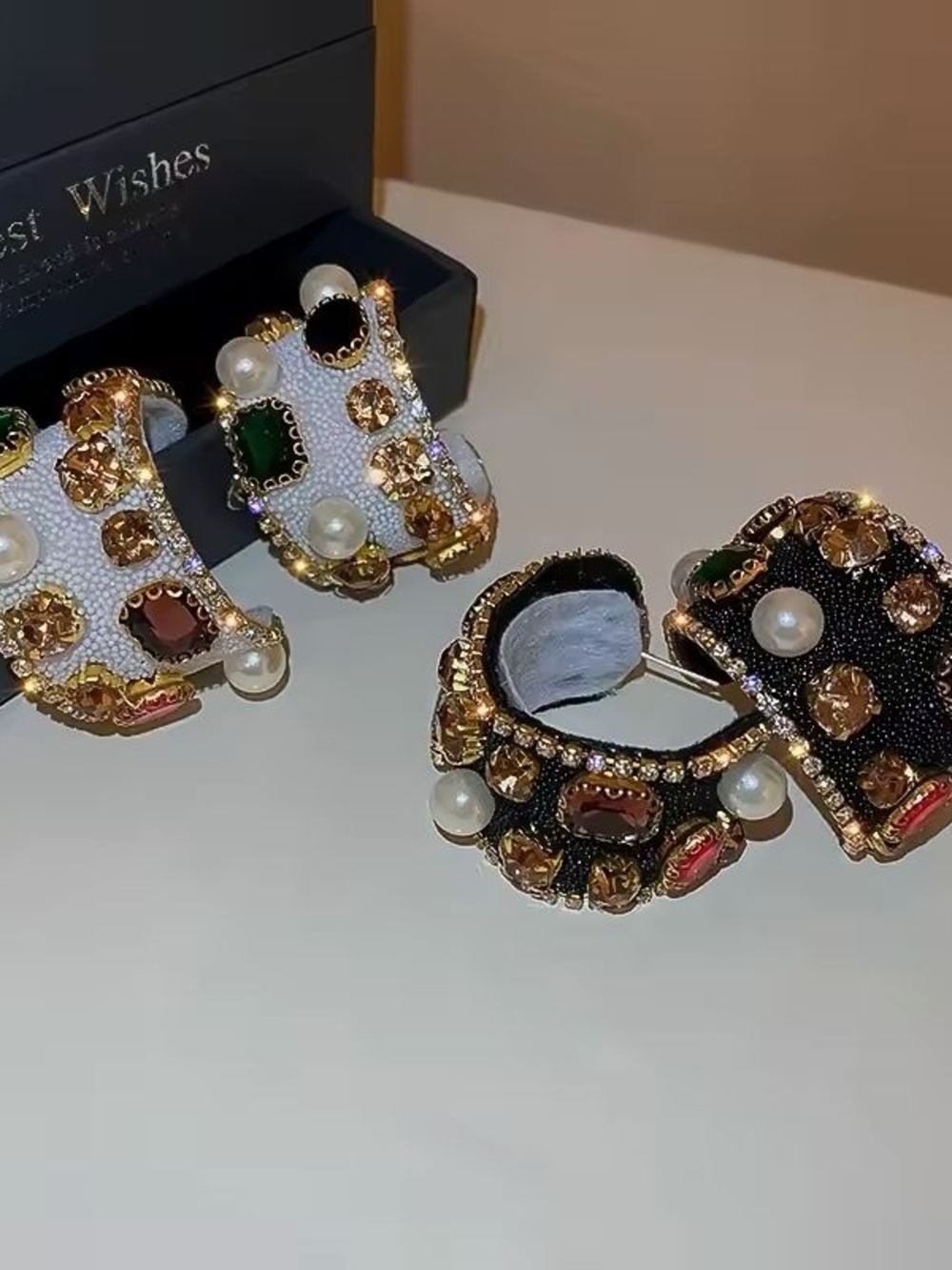 Gold Cluster Earrings with White Pearls and Green Accent - Picture 4 of 4